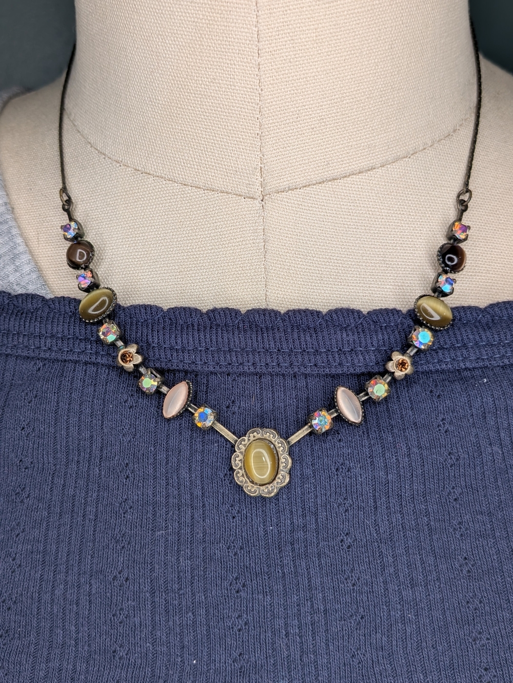 Lia Sophia Vintage Style Antique Brass Cat Eye Rhinestone Statement Necklace